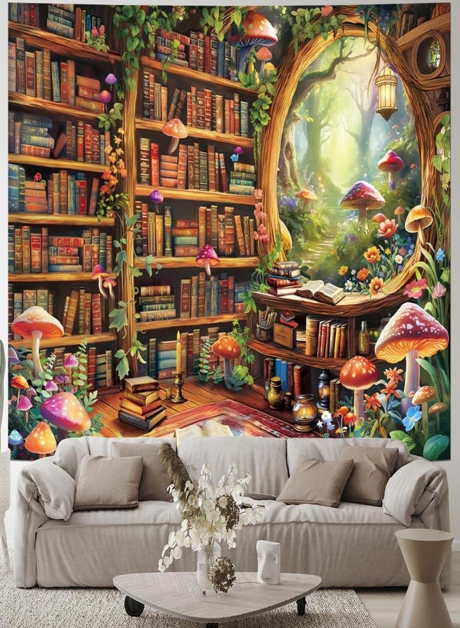Lahasbja Blacklight Bookshelf Tapestry UV Reactive Magical Library Wall Hanging Fantasy Fairy Mushroom Forest Wall Tapestries Aesthetic Plants Bookcase Background for Bedroom - Image 4